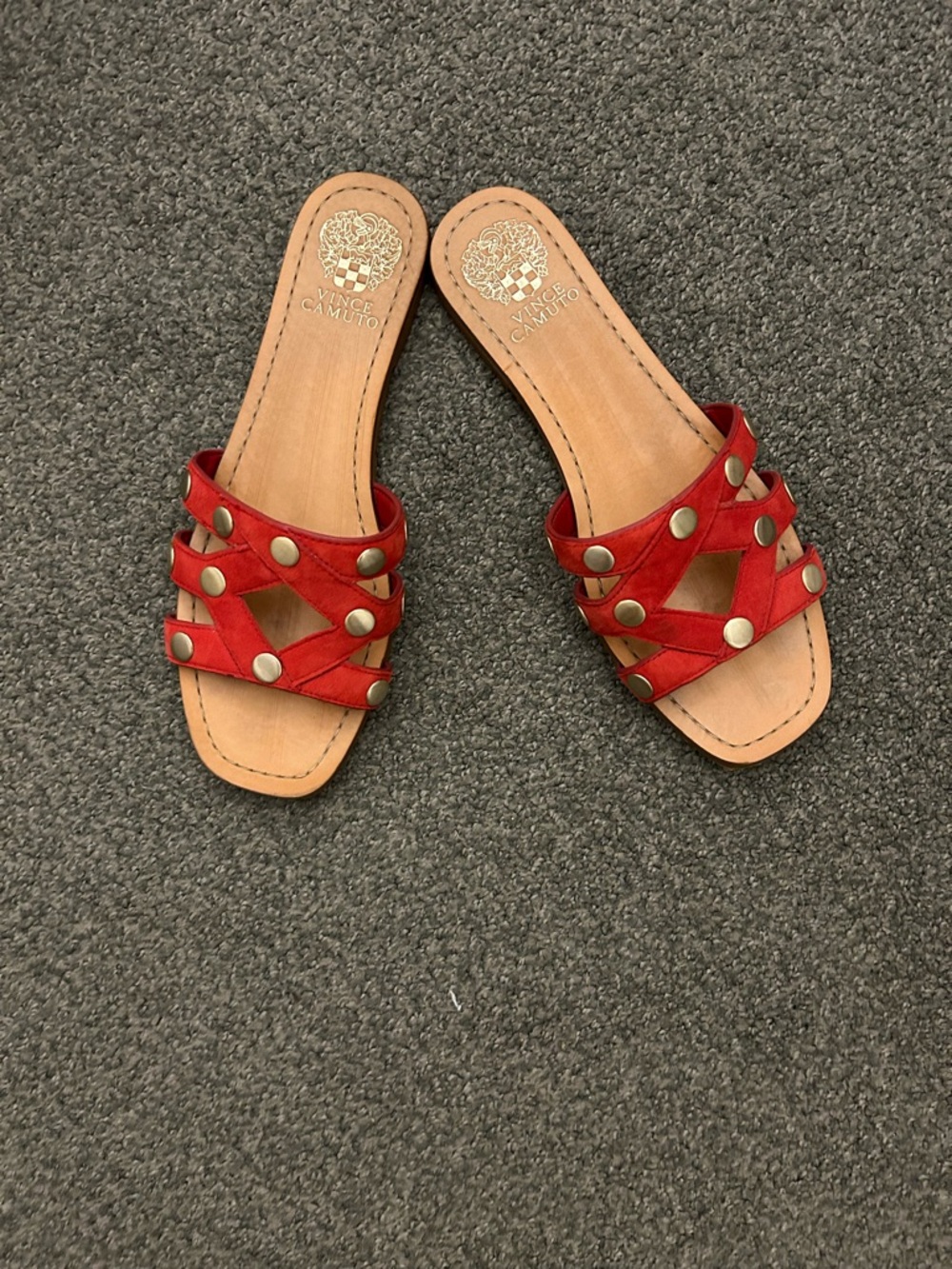 Vince Camuto Vazista Red Studded Crisscross Slide Mules
